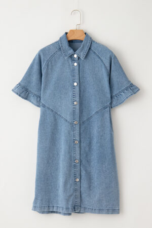 Light Blue Frilled Short Sleeve Button Up Loose Denim Shirt Dress