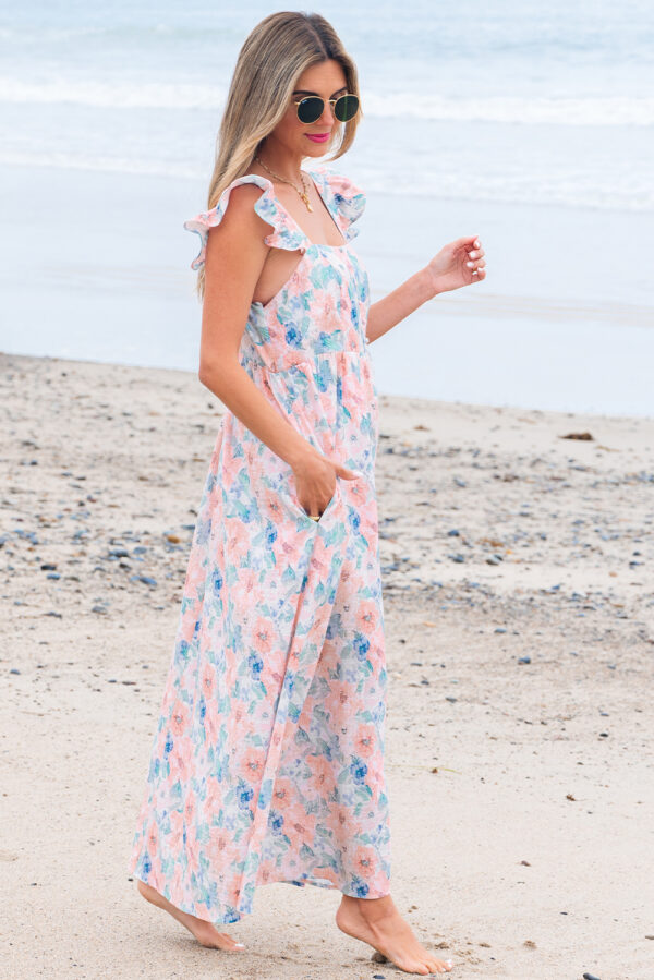 Pink Floral Print Square Neck Backless Long Dress with Slit - Image 3