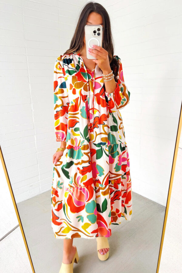 Orange Floral Print Split V Neck Tiered Maxi Dress - Image 2