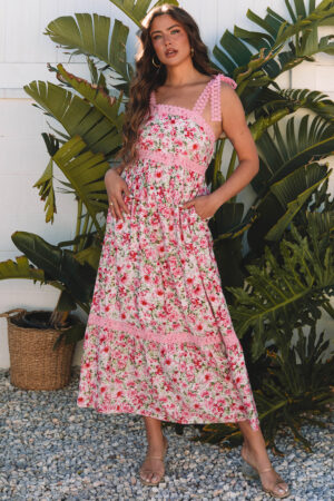 Green Floral Lace Tied Strap Empire Waist Maxi Dress