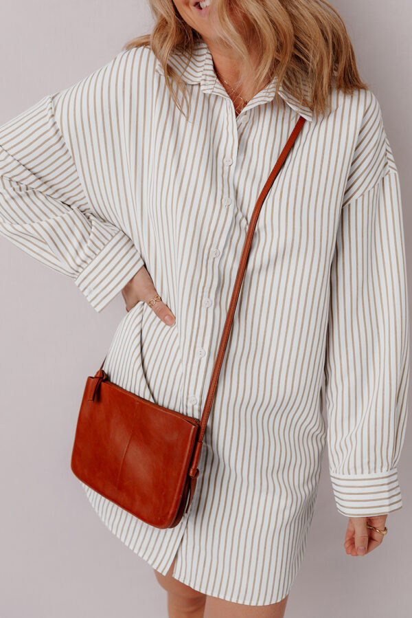 Khaki Stripe Long Sleeve Button Up Mini Shirt Dress - Image 3