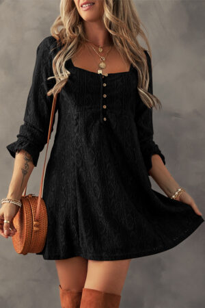 Chestnut Lace Crochet Buttoned Square Neck Shift Mini Dress