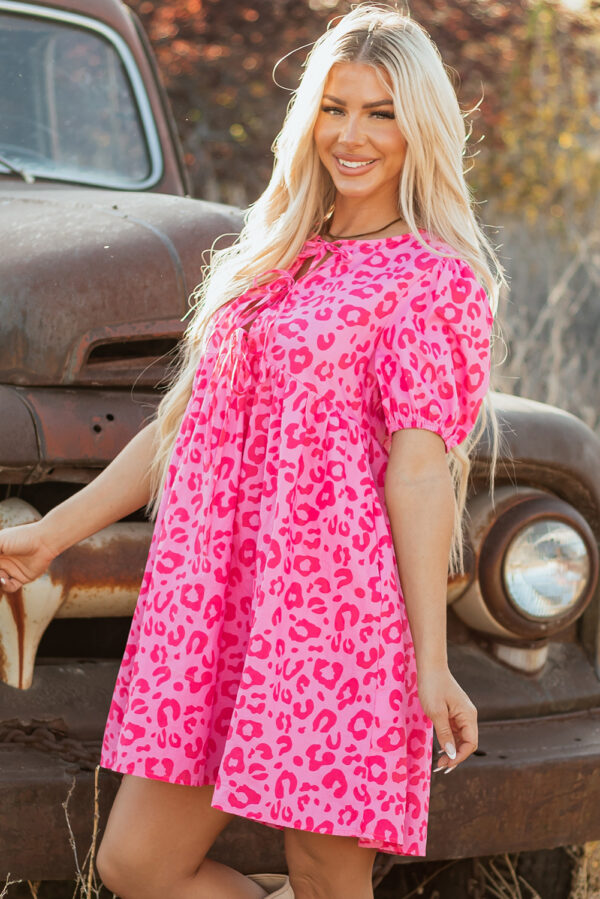 Rose Leopard Puff Sleeve Tie Front High Waist Mini Dress - Image 3