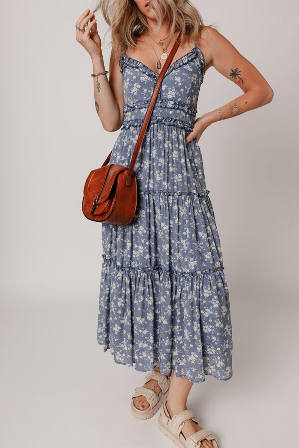 Blue Floral Spaghetti Strap Frilled V Neck Tiered Midi Dress - Image 3