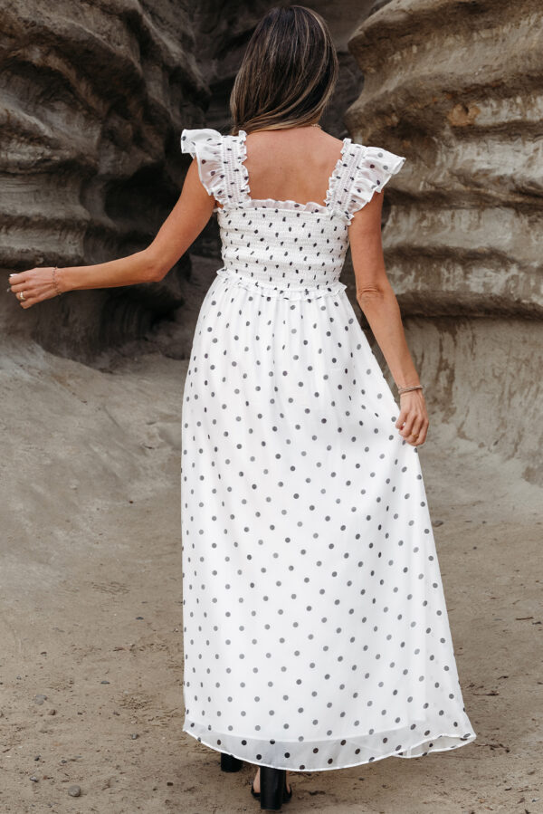 White Polka Dot Flutter Sleeve Square Neck Smocked Maxi Dress - Image 2