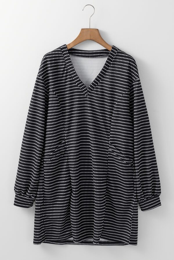 Black Striped V Neck Long Puff Sleeve Shift Dress - Image 3
