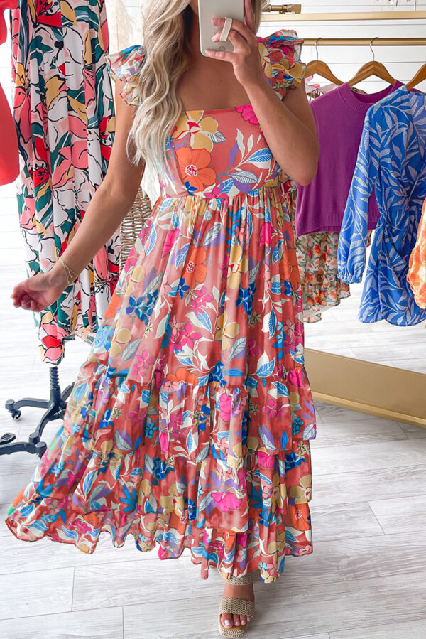 Green Floral Print Sleeveless Ruffle Tiered Maxi Dress - Image 4