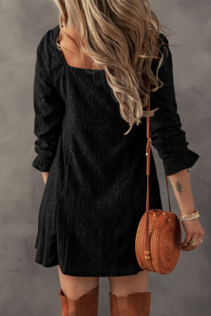 Chestnut Lace Crochet Buttoned Square Neck Shift Mini Dress
