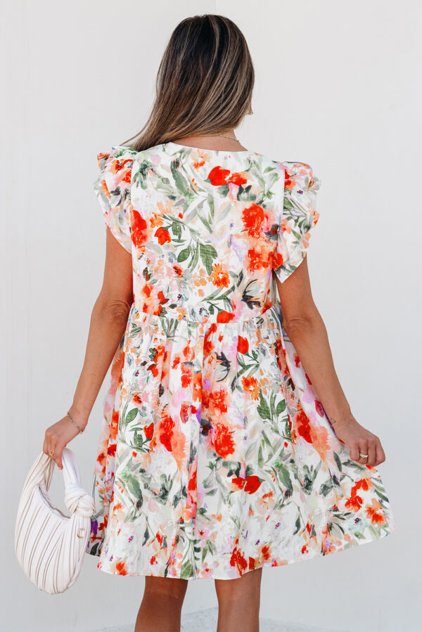 Pink Floral Double Ruffle Sleeve V Neck High Waist Mini Dress - Image 2