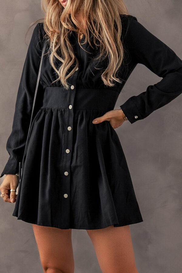 Black Elastic Cinched High Waist Long Sleeve Shirt Mini Dress - Image 3
