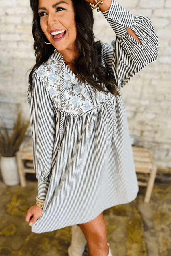 Black Stripe Floral Patchwork Tied V Neck Shift Long Sleeve Mini Dress - Image 3