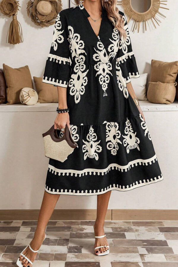 Black Western Geometric Print 3/4 Sleeve Loose Midi Dress - Image 3