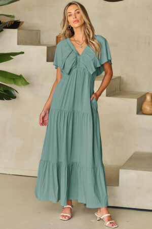 Grass Green Textured V Neck Flutter Sleeve Ruffled Maxi Dress