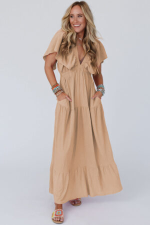 Grass Green Textured V Neck Flutter Sleeve Ruffled Maxi Dress