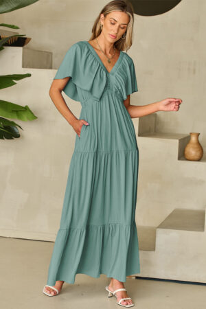 Grass Green Textured V Neck Flutter Sleeve Ruffled Maxi Dress