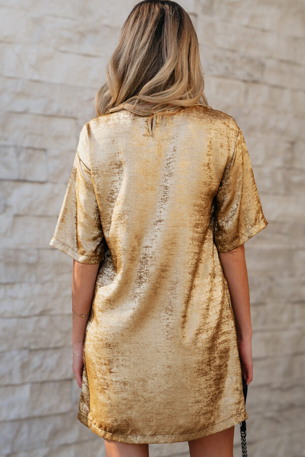 Gold Metallic Luster Crewneck Mini T-Shirt Dress - Image 2