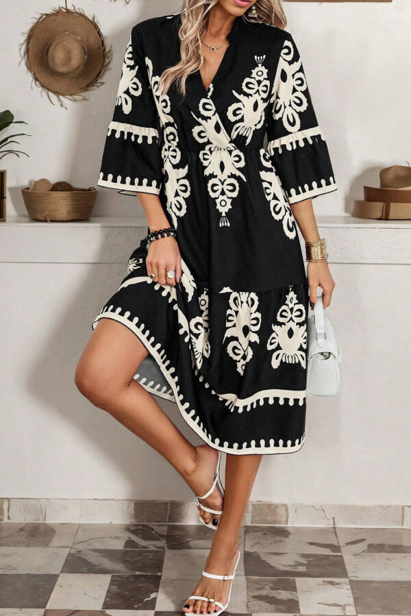 Black Western Geometric Print 3/4 Sleeve Loose Midi Dress - Image 2