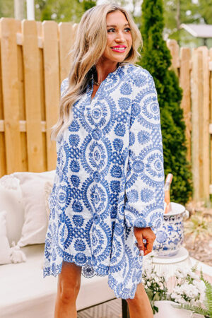 Blue Boho Floral Embroidered Notch V Neck Shift Mini Dress