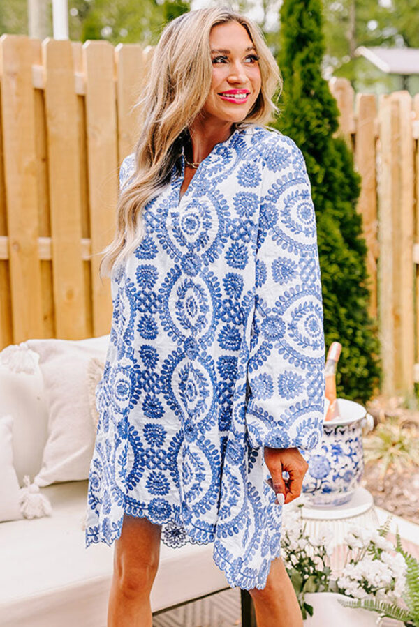 Blue Boho Floral Embroidered Notch V Neck Shift Mini Dress - Image 3