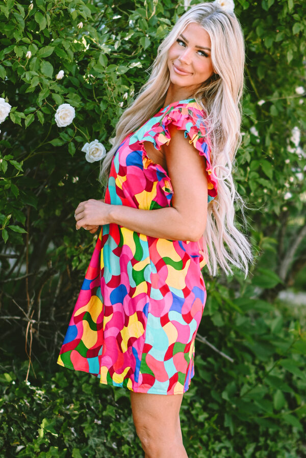 Rose Red Abstract Print Ruffle Sleeve Shift Dress - Image 3
