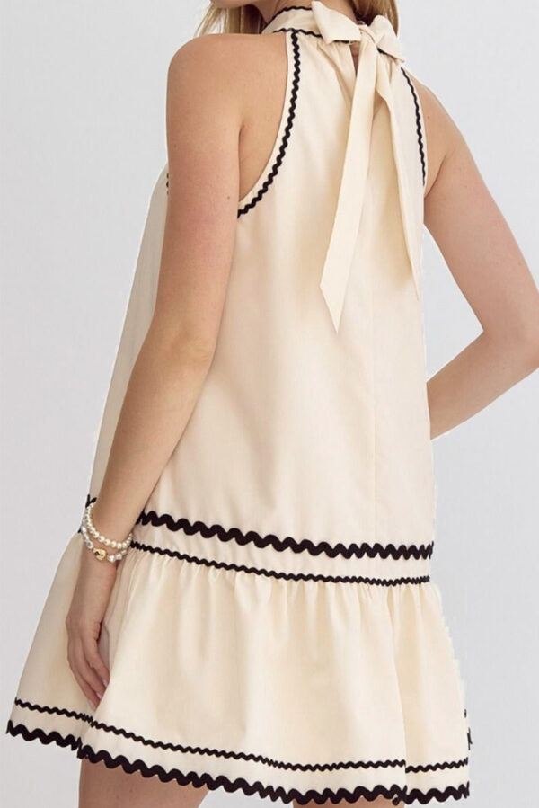 Khaki Stripe Ric Rac Trim Halter A-line Sleeveless Mini Dress - Image 2