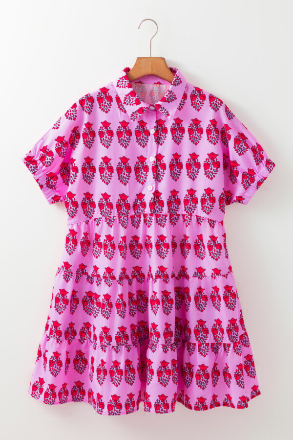 Sachet Pink Floral Print Multi Buttons Collared Short Sleeve Flowy Dress - Image 3