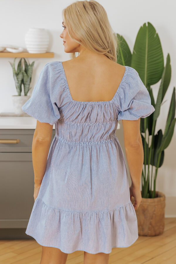 Sky Blue Stripe Bubble Sleeve Square Neck Ruched Pocketed Babydoll Dress - Image 2