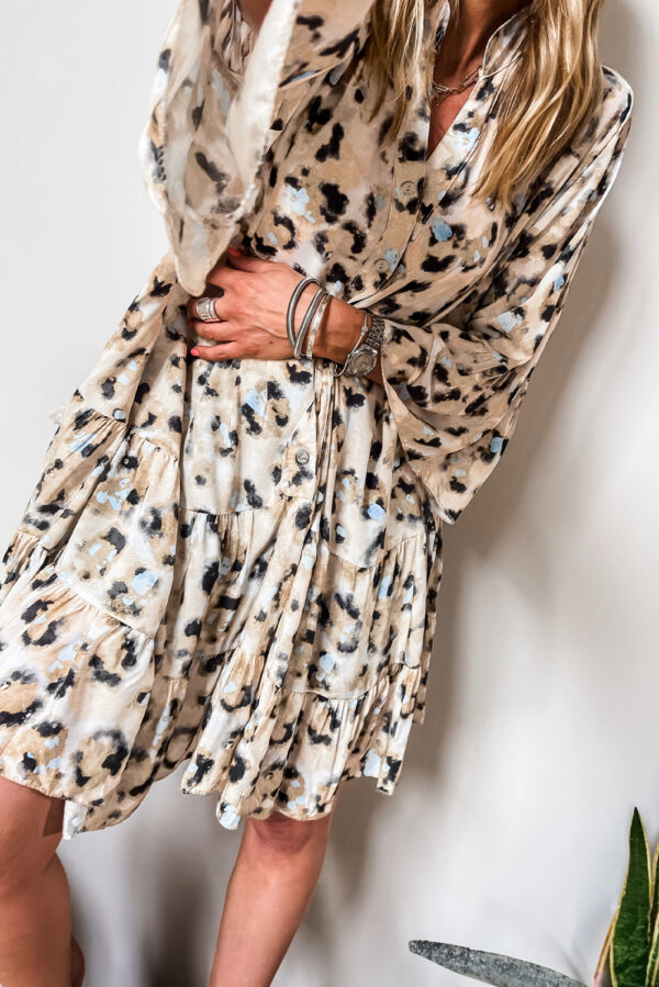 Khaki Leopard Print Buttoned Front 3/4 Sleeve Tiered Ruffled Hem Dress - Image 2