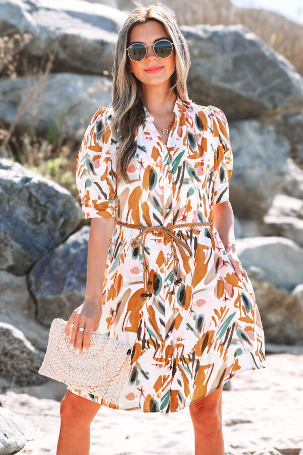 Brown Abstract Printed Puff Sleeve Button Up Braided Belt Mini Dress - Image 3