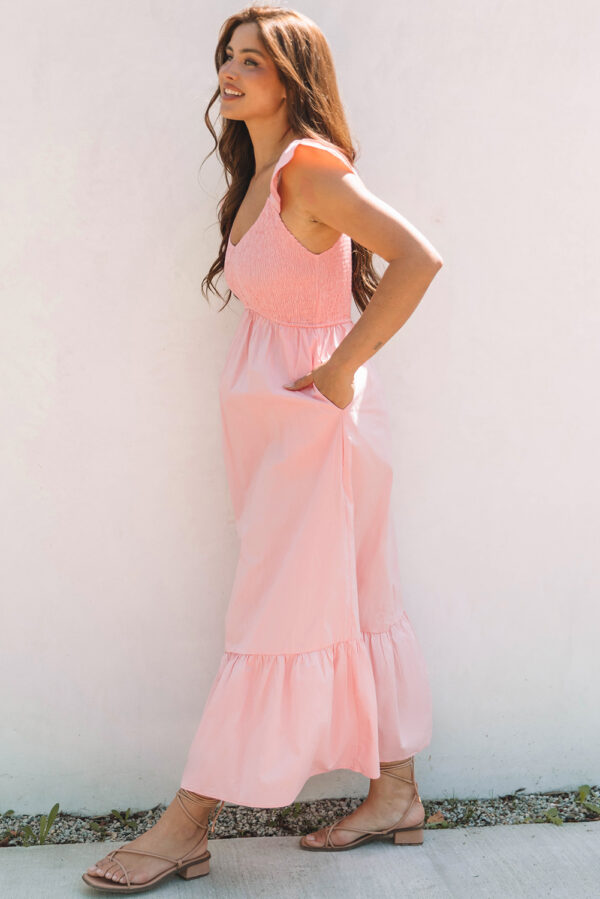 Black V Neck Flutter Sleeve Smocked Bodice High Waist Ruffle Maxi Dress - Image 6