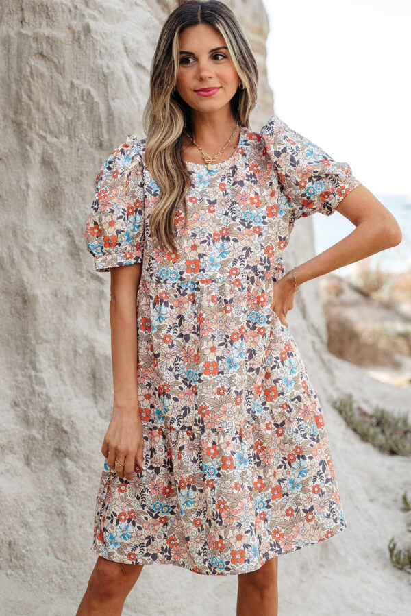 Apricot Bohemian Floral Print Short Puff Sleeve Mini Dress - Image 3
