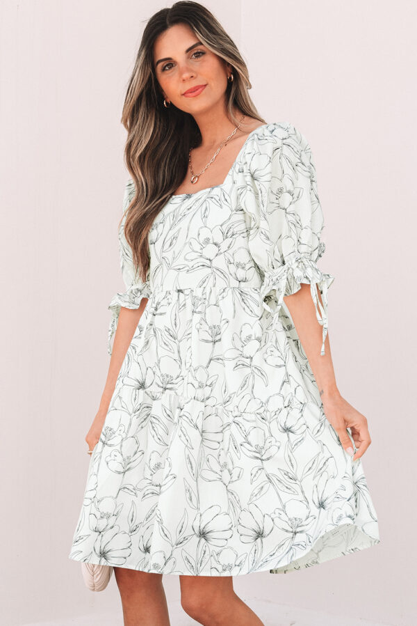 Beige Floral Print Square Neck Shirred Back Puff Sleeve Mini Dress - Image 3
