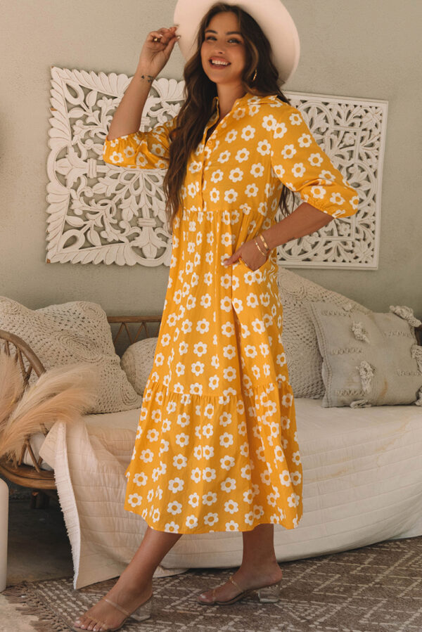Yellow Flower Print Bracelet Sleeve Buttons Collared Maxi Dress - Image 3