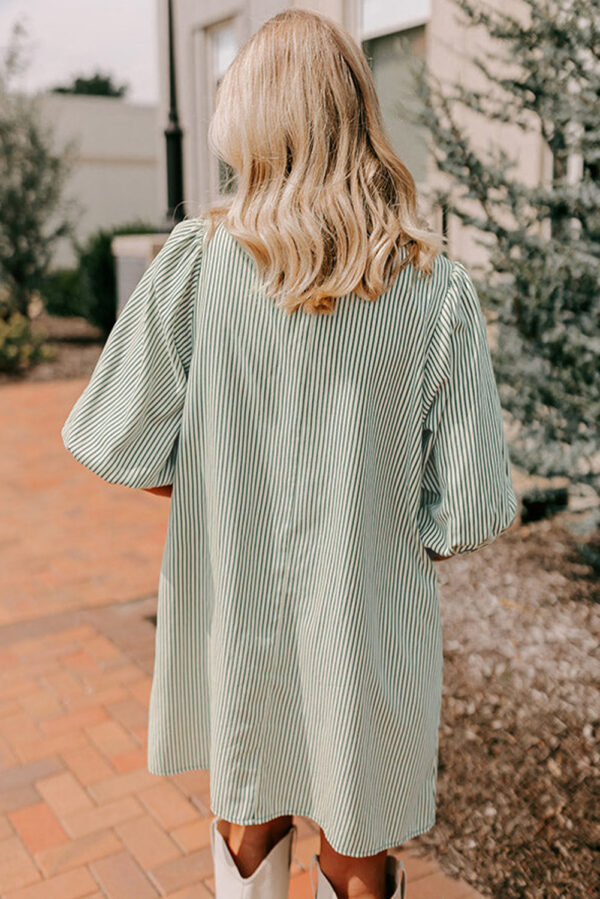 Green Patch Pockets Button Down Short Puff Sleeve Dress - Image 2