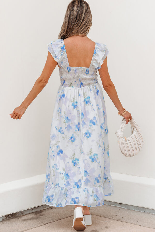 Sky Blue Floral Smocked High Waist Double Ruffle Sleeveless Long Dress - Image 2