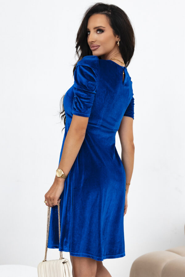 Sail Blue Velvet Ruched Short Sleeve Pocketed Mini Dress - Image 2