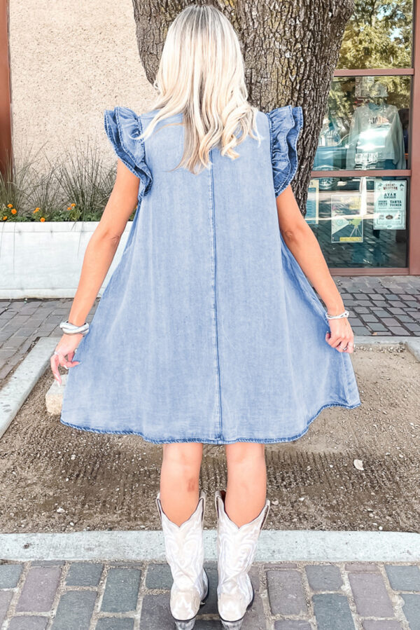 Beau Blue Double Ruffled Sleeves Buttoned A-line Collared Mini Denim Dress - Image 2