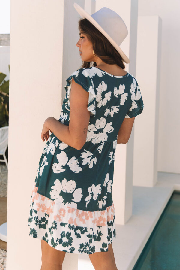 Green Floral Print Ruffle Sleeve Empire Waist Mini Dress - Image 2