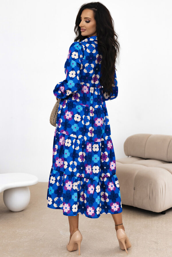 Blue Floral Peasant Sleeve Tiered Ruffle Midi Dress - Image 2