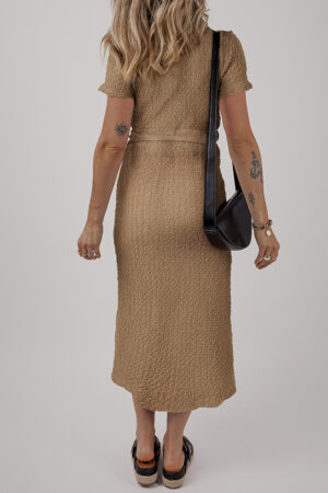 Buckskin Short Sleeve Textured Button Up Tie Waist Long Dress