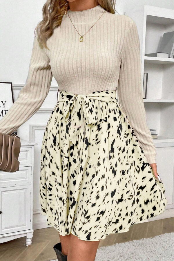 Beige Ribbed Knit Patchwork Printed Belted A-line Dress - Image 3