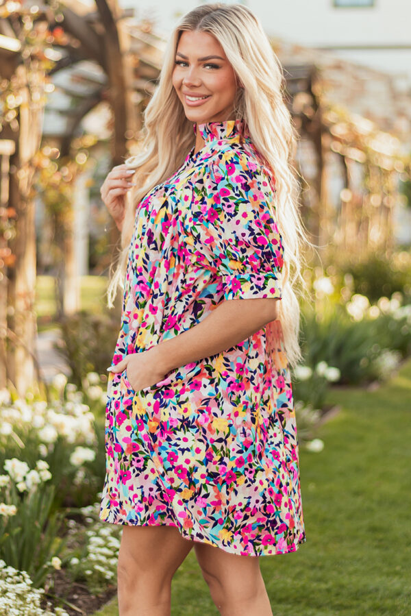 Pink Floral Puff Short Sleeve V Neck Mini Dress - Image 3