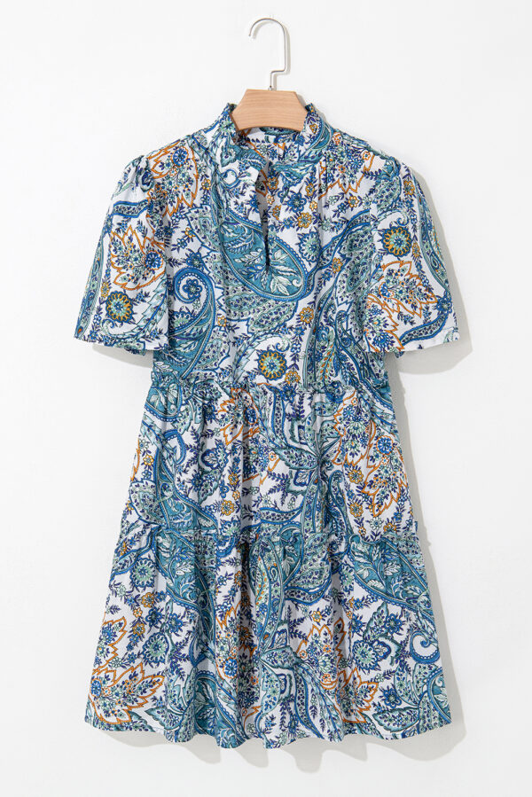 Blue Bohemian Paisley Floral V Neck Short Sleeve Mini Dress - Image 3