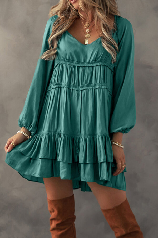 Mist Green Tiered Ruffled Puff Sleeve Loose Fit Mini Dress - Image 3