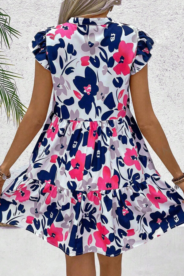 Fashion Floral Print Notched Neck Flutter Sleeve Mini Dress - Image 2
