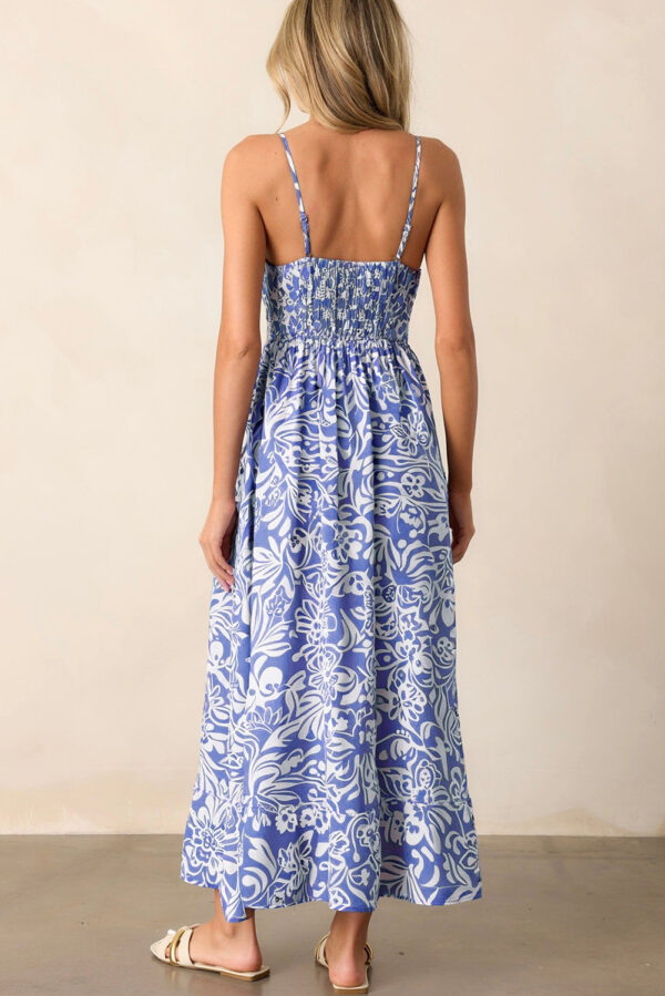 Sky Blue Floral Print Spaghetti Strap High Waist Maxi Dress - Image 2