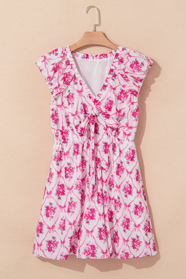 Multicolour Bow Lattice Floral Print V Neck Knot Decor Mini Dress - Image 3