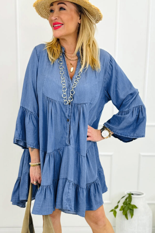 Sky Blue Chambray Ruffled 3/4 Sleeve Tiered Split V Neck Mini Dress - Image 3