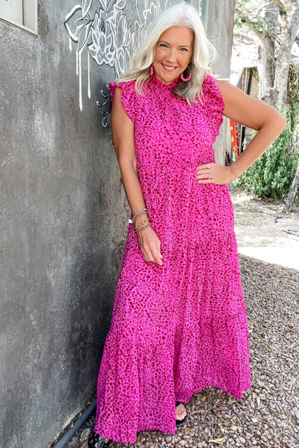 Rose Red Leopard Print Ruffled Trim Tiered Maxi Dress - Image 2