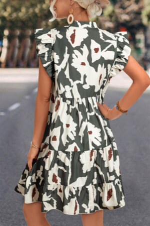 Floral Flutter Sleeve Buttons Ruffled Hem Mini Dress